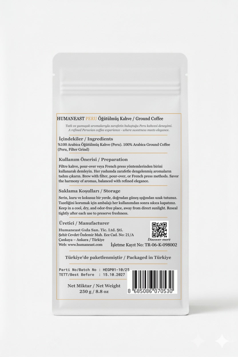 Back side of Humaneast Single Origin Peru Ground Coffee 250 g — ingredients, origin, roasting profile, and storage instructions.