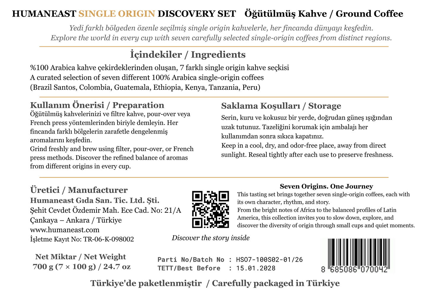 Humaneast · 7 Ülke, 7 Karakter – Filtre Kahve Deneyim Seti (7 × 100 g)