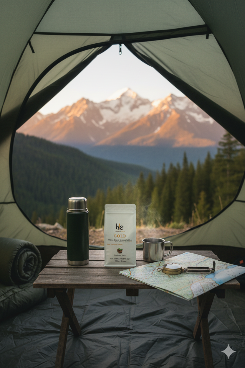 Doğada kamp sahnesinde Humaneast Gold Instant Coffee fincanı. Dağ manzarası eşliğinde kahve keyfi; doğallık, özgürlük ve zarafeti yansıtan premium yaşam tarzı görseli.