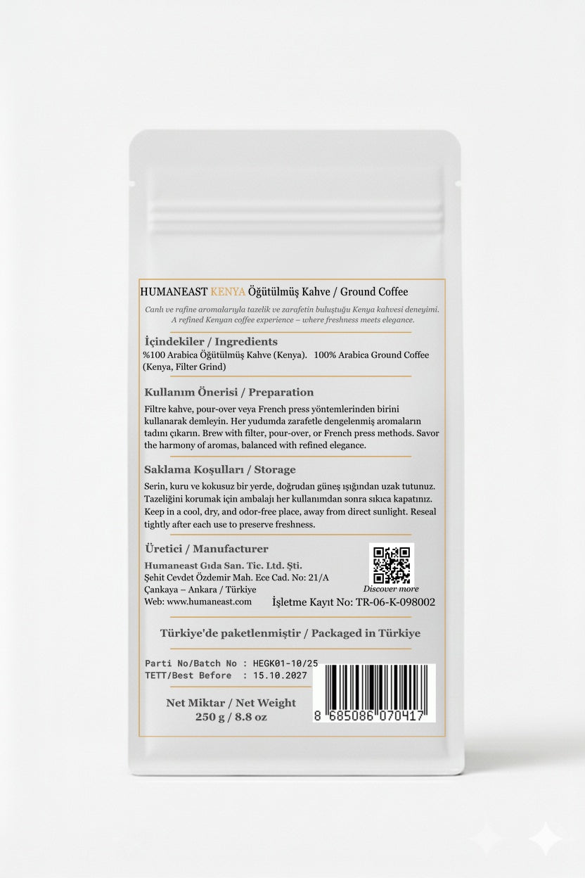 Back side of Humaneast Single Origin Kenya Ground Coffee 250 g – ingredients, origin and roasting details.