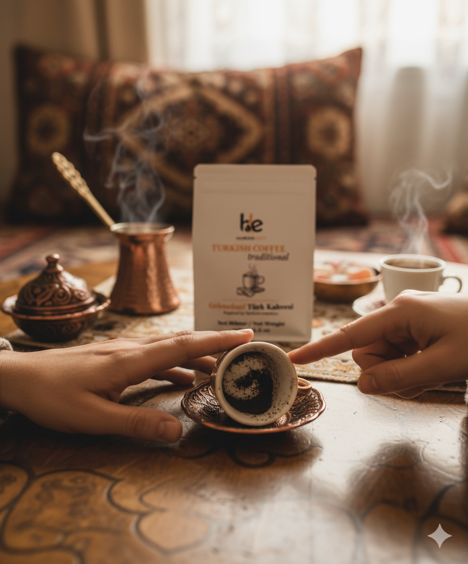 Fincan falı sahnesinde Humaneast Türk Kahvesi. Kahve telvesinden doğan sohbet, kültür ve içtenlik. Geleneksel keyif modern estetikle buluşuyor.