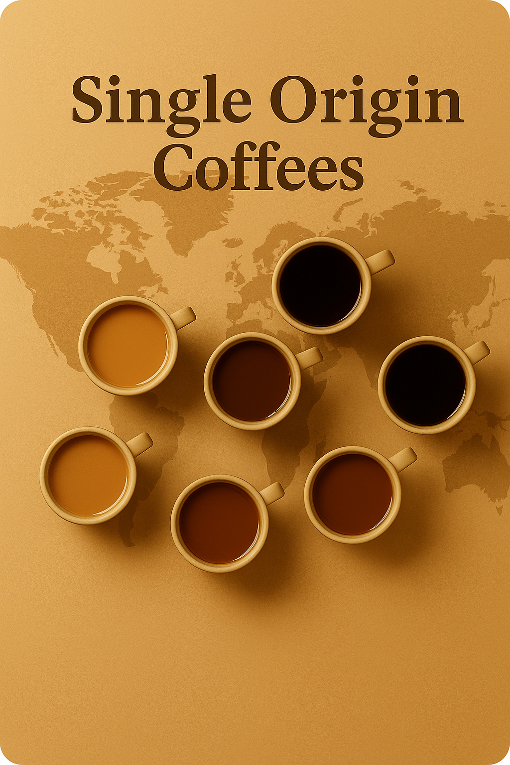 Humaneast Single Origin Coffees – Tek kökenli kahve koleksiyonu, dünya haritası üzerinde fincanlarla premium minimalist tasarım.