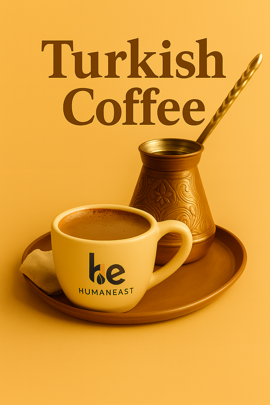 Humaneast Turkish Coffee – Cezve, fincan ve altın tonlarda zarif geleneksel kahve sunumu