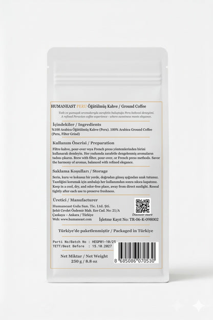 Back side of Humaneast Single Origin Peru Ground Coffee 250 g — ingredients, origin, roasting profile, and storage instructions.