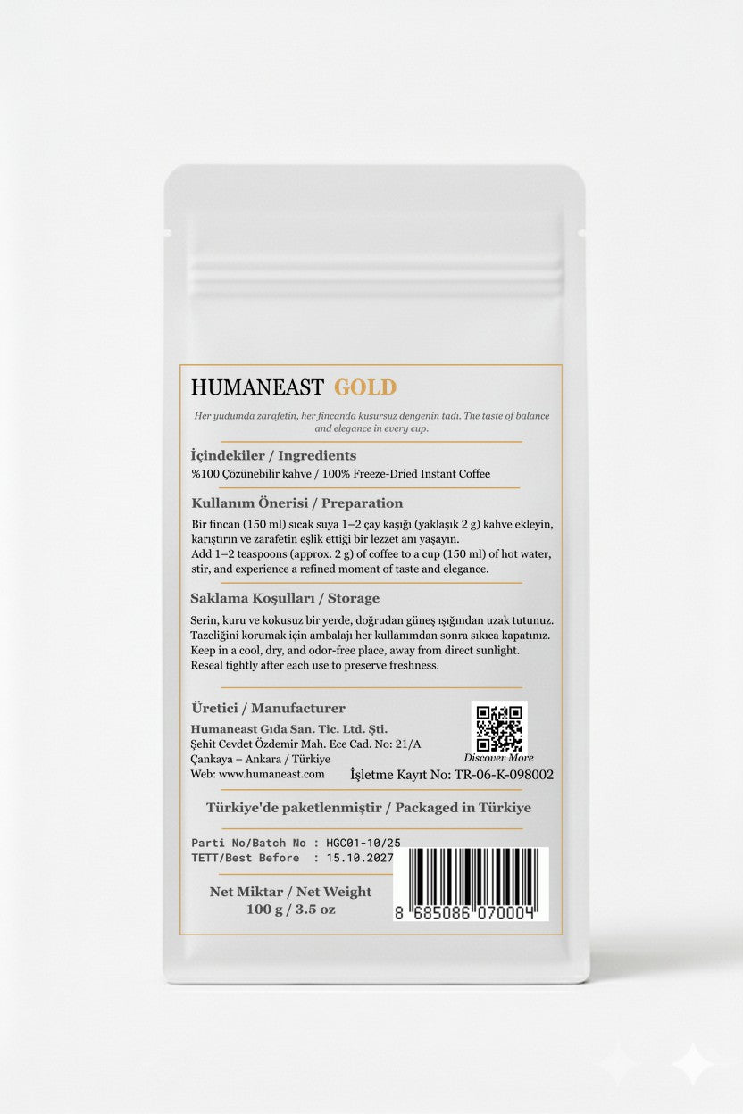 Back of Humaneast Gold Instant Coffee pouch showing bilingual product information, ingredients, and storage details.