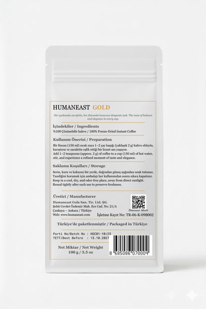 Back of Humaneast Gold Instant Coffee pouch showing bilingual product information, ingredients, and storage details.