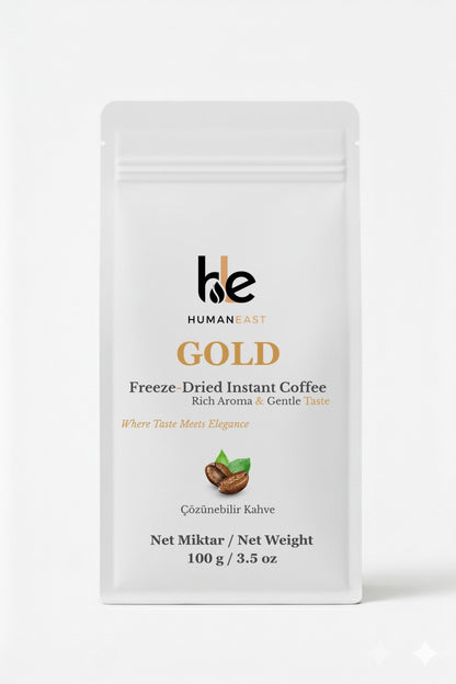 Humaneast Gold Freeze-Dried Instant Coffee front pouch – minimalist matte white design with gold accents.