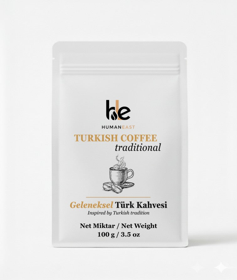 Front view of Humaneast Turkish Coffee pouch with elegant matte white design, gold line detail, and refined minimalist branding.