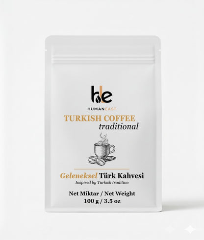 Front view of Humaneast Turkish Coffee pouch with elegant matte white design, gold line detail, and refined minimalist branding.