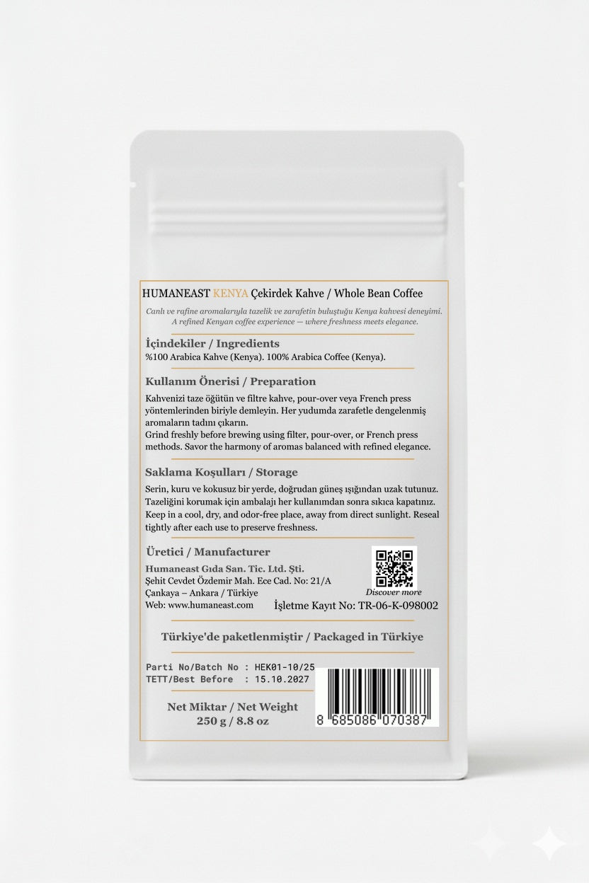 Back view of Humaneast Single Origin Kenya 250 g coffee bag – origin, roast and storage information in bilingual design.