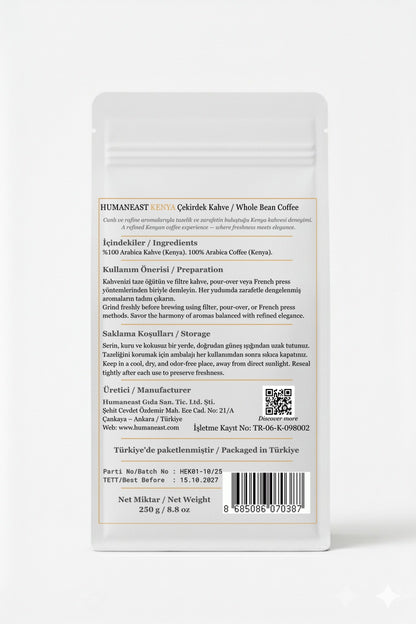 Back view of Humaneast Single Origin Kenya 250 g coffee bag – origin, roast and storage information in bilingual design.