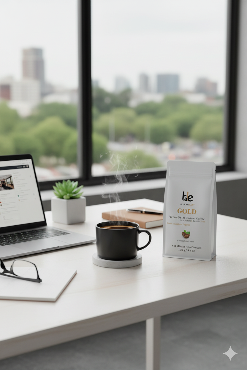 Modern bir ofis masasının üzerinde Humaneast Gold Instant Coffee paketi ve kahve fincanı. Günlük çalışma rutininde zarafet, verimlilik ve kahve keyfini birleştiren sade ve şık yaşam tarzı sahnesi.