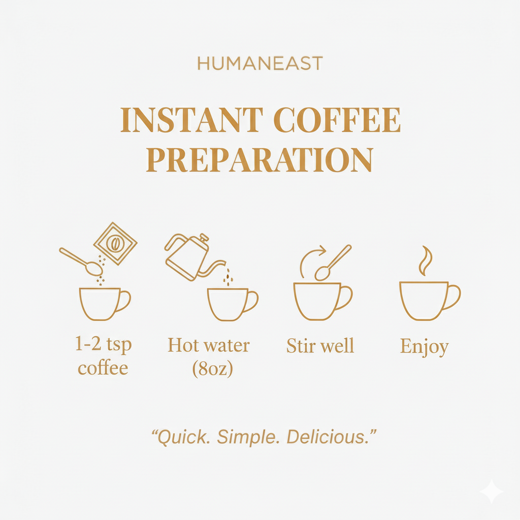 Humaneast Gold Instant Coffee hazırlama rehberi. Minimal ikonlarla adım adım demleme yönergeleri: fincana kahve ekle, sıcak su dök, karıştır ve keyfini çıkar.