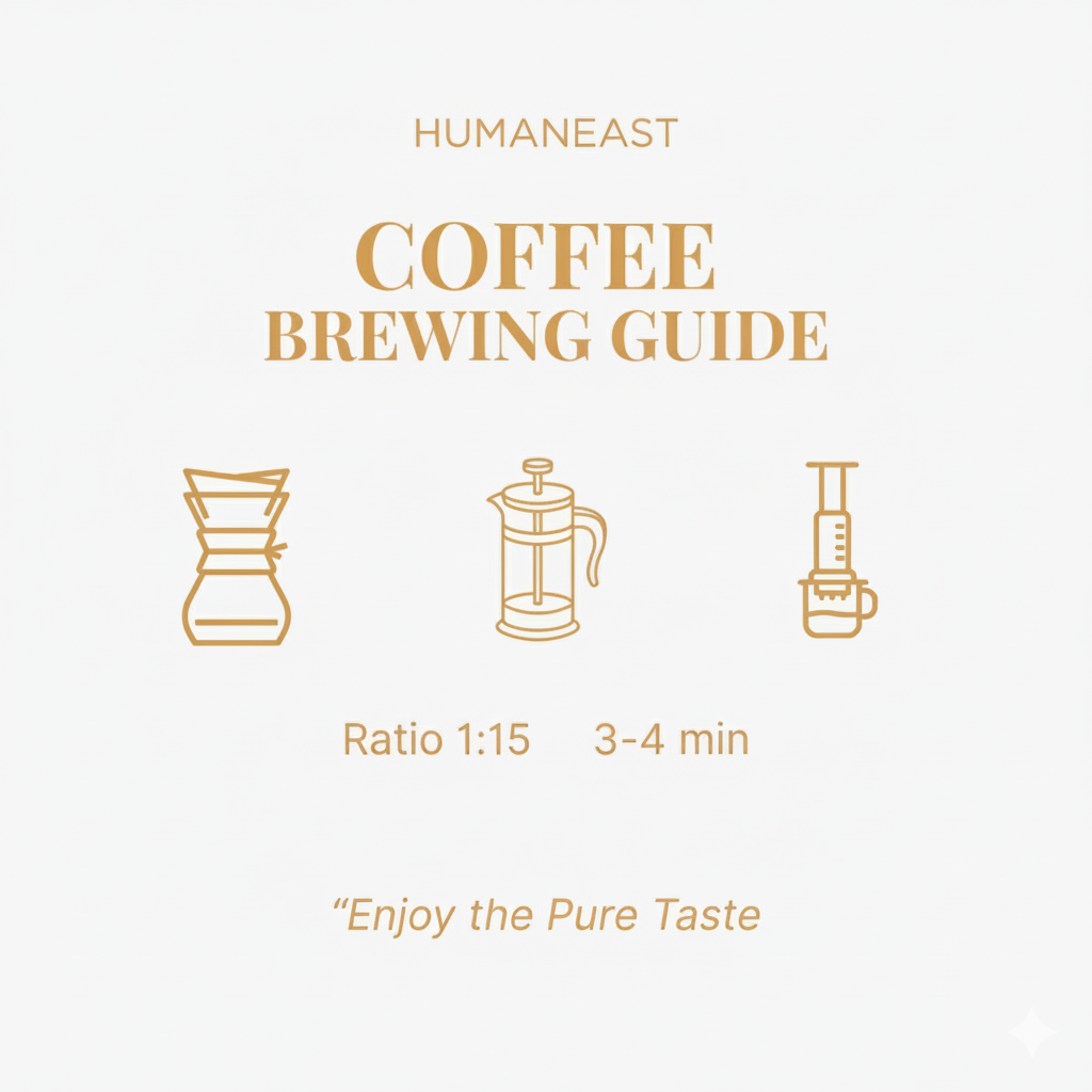 Humaneast Single Origin Coffee Brewing Guide – recommended methods for pour-over, French press, and drip brewing.