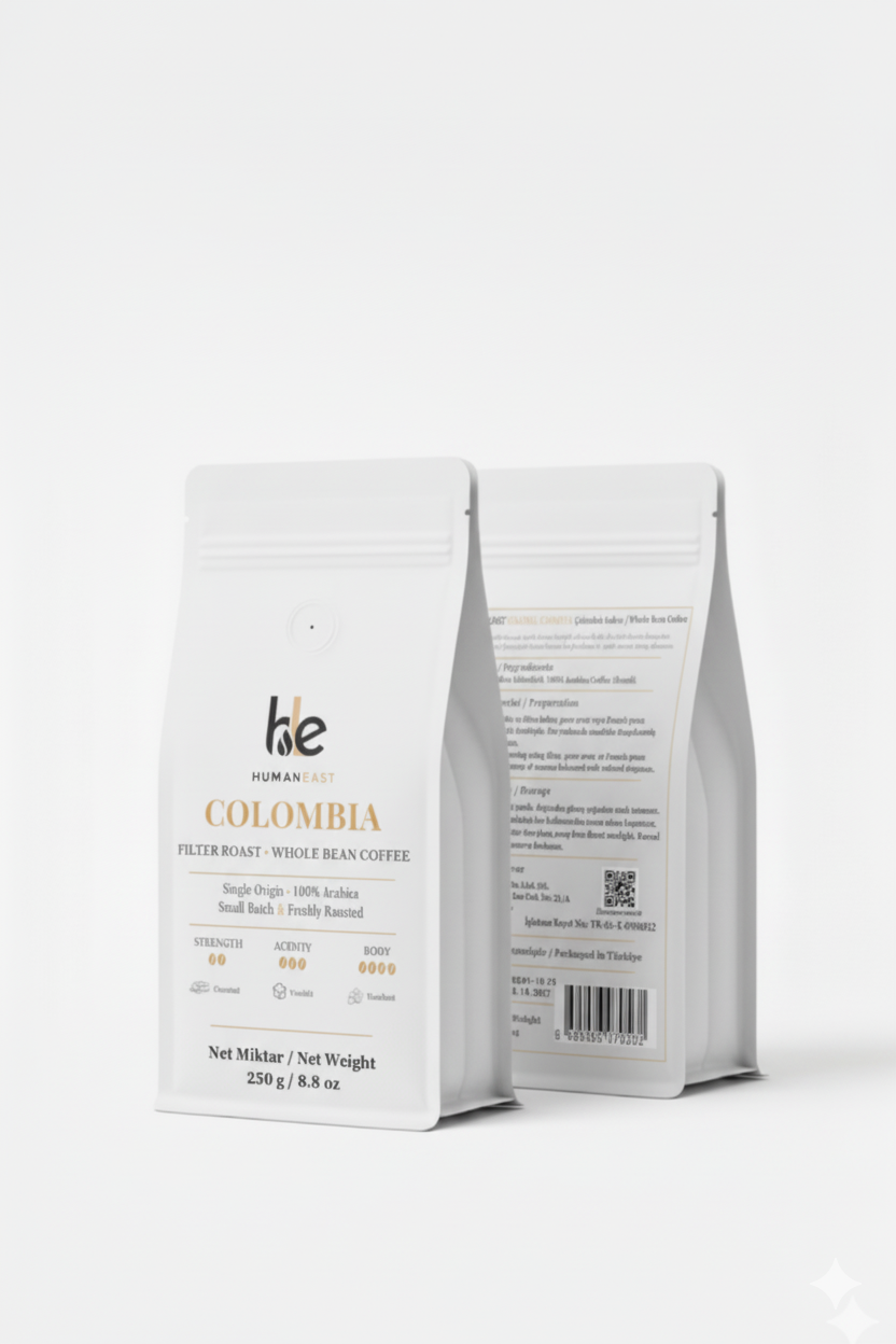 Humaneast Single Origin Coffee 250 g front and back packaging – premium matte white pouch design with golden accent.