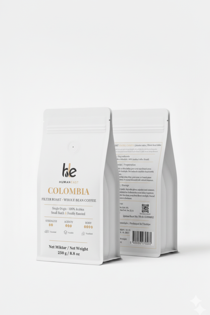 Humaneast Single Origin Coffee 250 g front and back packaging – premium matte white pouch design with golden accent.