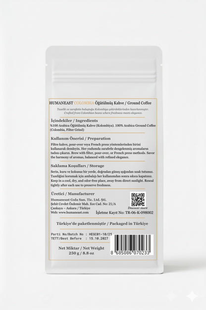 Back side of Humaneast Single Origin Colombia Ground Coffee – ingredients, storage and roasting profil