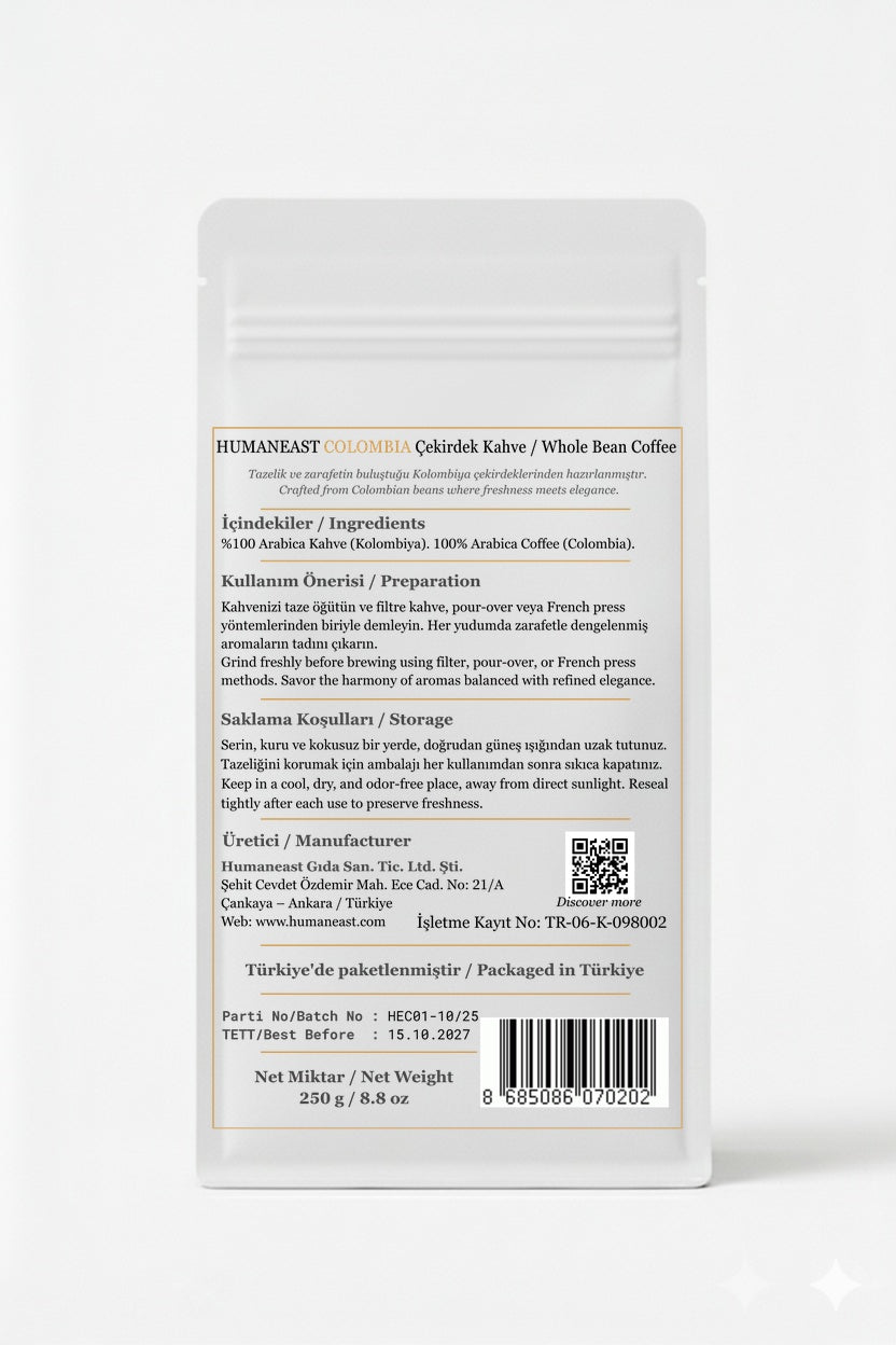 Back view of Humaneast Single Origin Colombia 250 g coffee bag – product information, origin, and roast details.