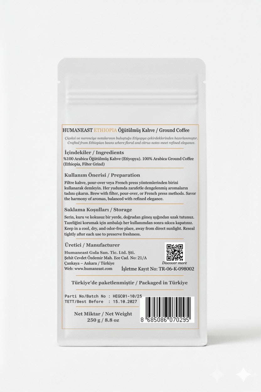 Back side of Humaneast Single Origin Ethiopia Ground Coffee 250 g – storage, ingredients, and roast notes.