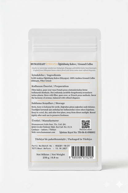 Back side of Humaneast Single Origin Ethiopia Ground Coffee 250 g – storage, ingredients, and roast notes.