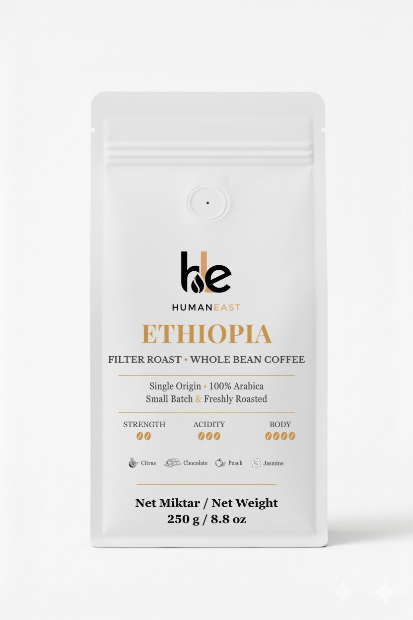Humaneast Single Origin Ethiopia Whole Bean Coffee 250 g front packaging – jasmine, peach, citrus, chocolate flavor profile.