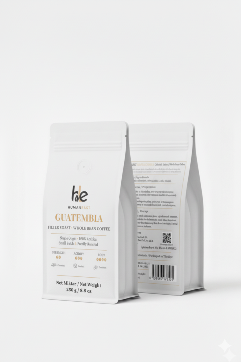 Humaneast Single Origin Guatemala 250 g coffee front and back packaging – premium matte white pouch with gold accents.