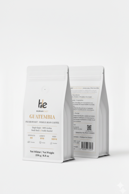 Humaneast Single Origin Guatemala 250 g coffee front and back packaging – premium matte white pouch with gold accents.