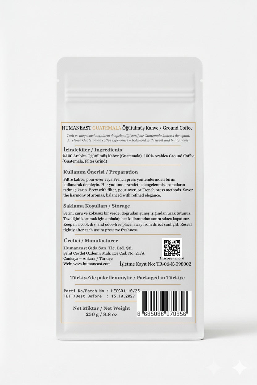 Back side of Humaneast Single Origin Guatemala Ground Coffee – ingredients, origin and roasting profile.