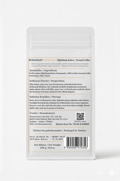 Back side of Humaneast Single Origin Guatemala Ground Coffee – ingredients, origin and roasting profile.