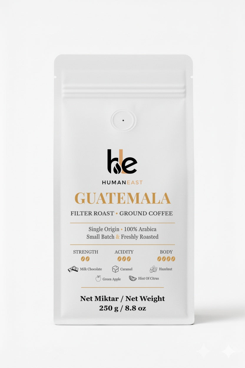 Humaneast Single Origin Guatemala Ground Coffee 250 g front packaging – chocolatey & smooth, 100% Arabica, medium roast.