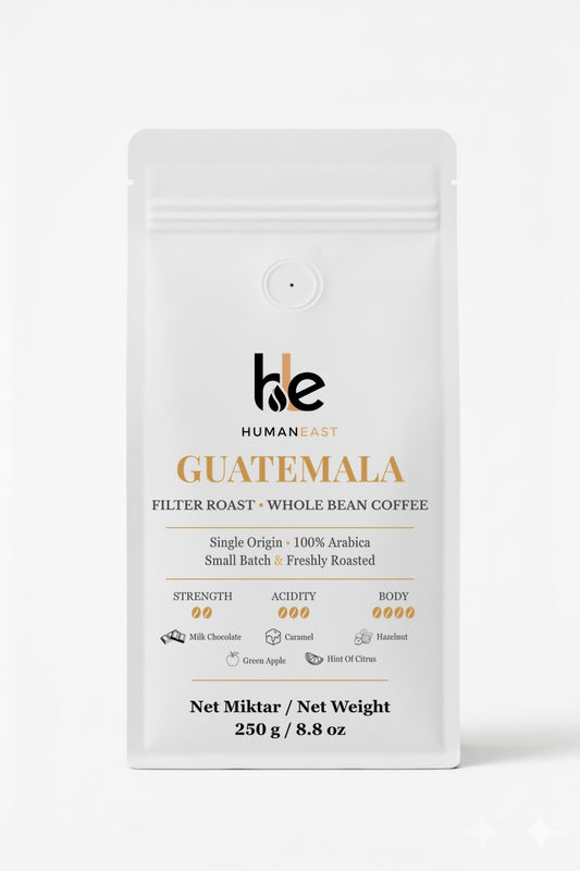 Humaneast Single Origin Guatemala Whole Bean Coffee 250 g front packaging – milk chocolate, caramel, hazelnut, green apple, citrus flavor notes.