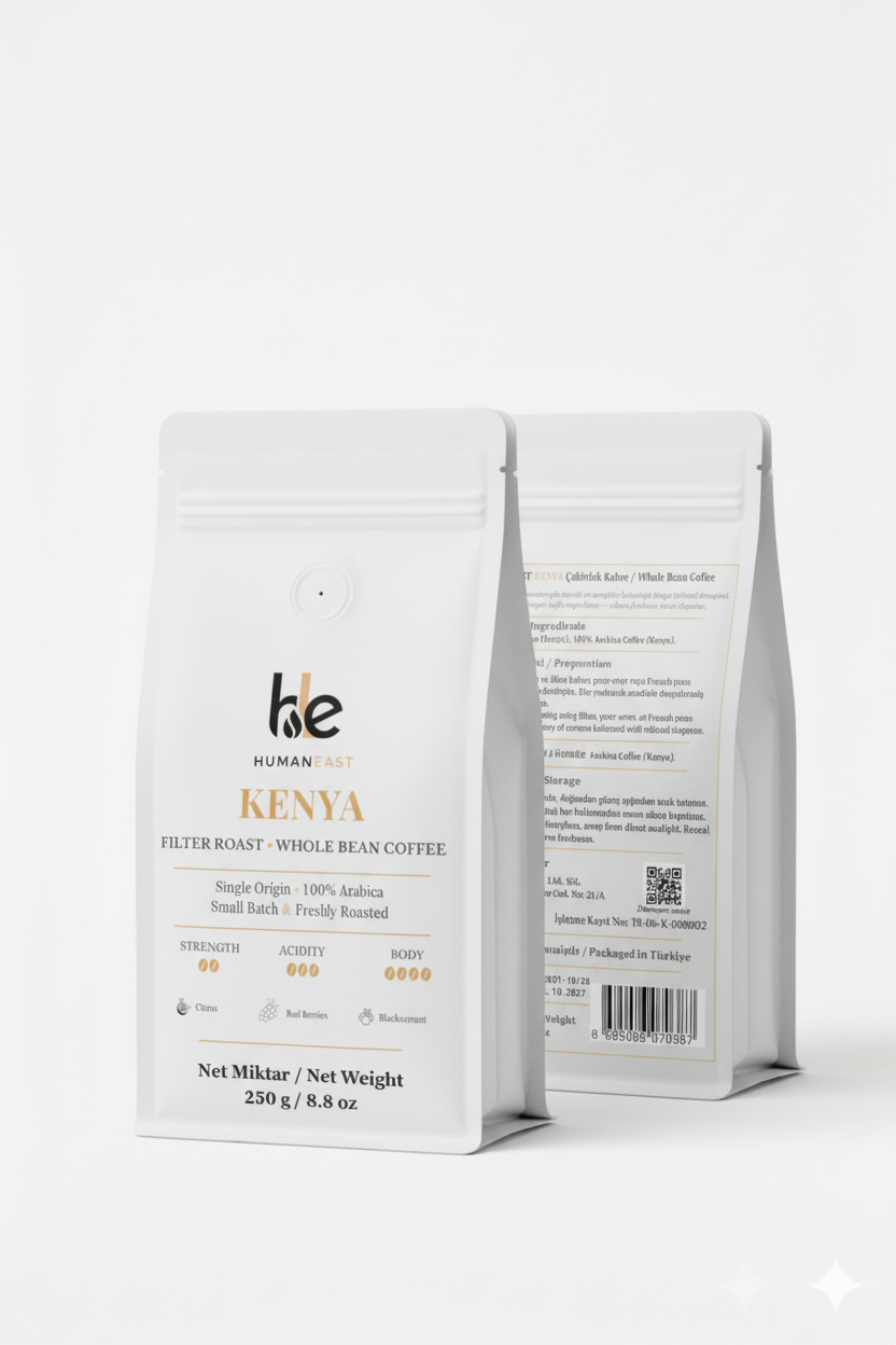 Humaneast Single Origin Kenya 250 g coffee front and back packaging – premium matte white pouch with gold accents.