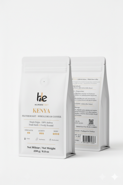 Humaneast Single Origin Kenya 250 g coffee front and back packaging – premium matte white pouch with gold accents.