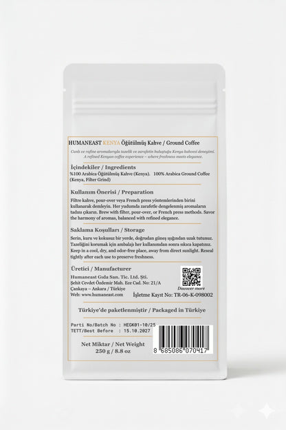 Back side of Humaneast Single Origin Kenya Ground Coffee 250 g – ingredients, origin and roasting details.