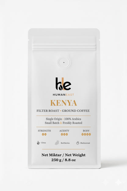 Humaneast Single Origin Kenya Ground Coffee 250 g front packaging – fruity & lively, 100% Arabica, medium roast.
