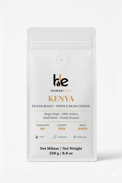Humaneast Single Origin Kenya Whole Bean Coffee 250 g front packaging – citrus, red forest berries, and currant flavor notes.