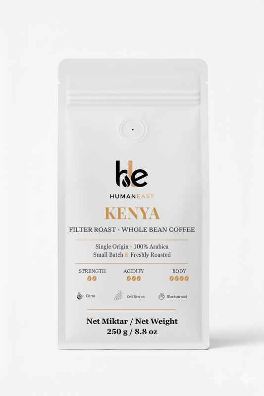 Humaneast Single Origin Kenya Whole Bean Coffee 250 g front packaging – citrus, red forest berries, and currant flavor notes.