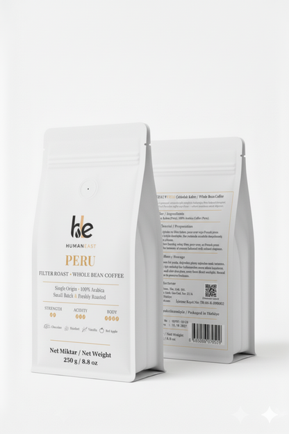 Humaneast Single Origin Peru 250 g front and back packaging — premium matte white pouch with golden accents and elegant branding.