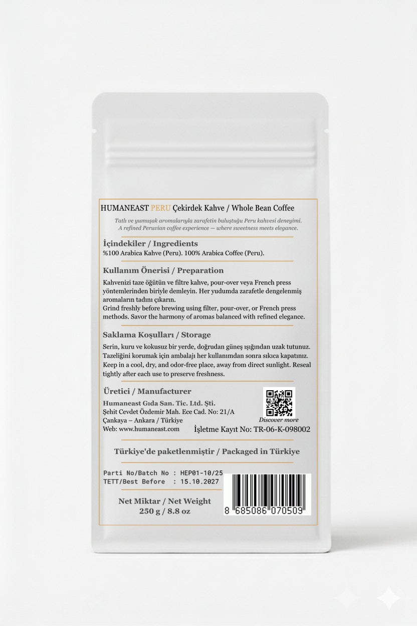 Back view of Humaneast Single Origin Peru 250 g coffee bag — product information, origin, roast profile, and storage details.