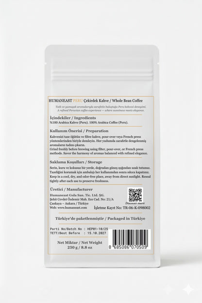 Back view of Humaneast Single Origin Peru 250 g coffee bag — product information, origin, roast profile, and storage details.