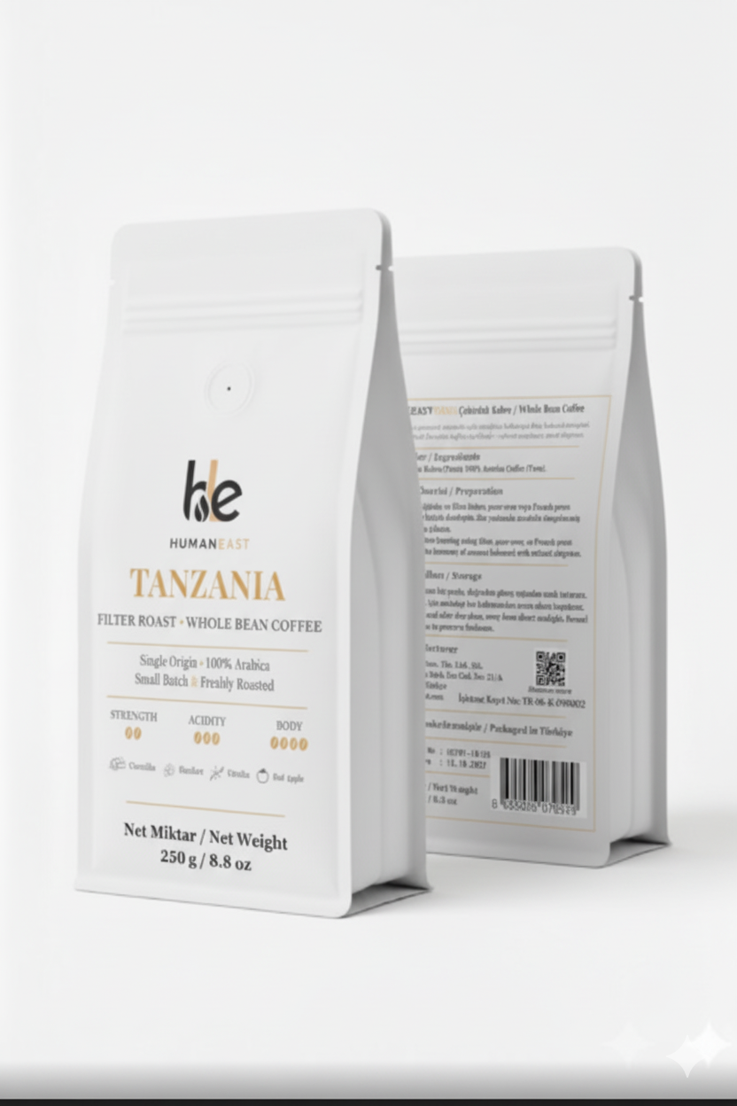 Humaneast Single Origin Tanzania Coffee 250 g front & back packaging – premium matte white pouch with gold accents.