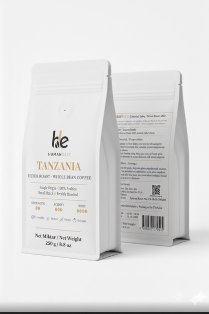 Humaneast Single Origin Tanzania Coffee 250 g front & back packaging – premium matte white pouch with gold accents.