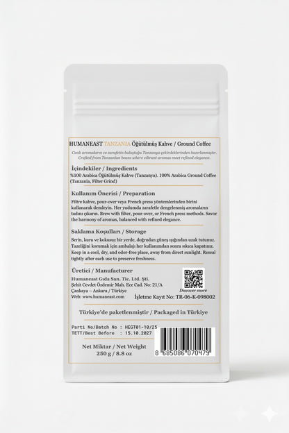 Humaneast Single Origin Tanzania Ground Coffee 250 g back packaging – product details, roast profile, and origin.