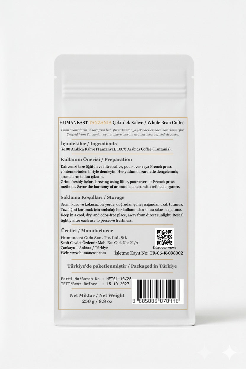 Humaneast Single Origin Tanzania Whole Bean Coffee 250 g back packaging – product details, roast profile, and origin.