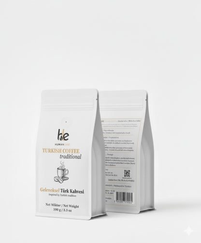 Front and back mockup of Humaneast Turkish Coffee pouch displaying premium matte white and gold-accented design.