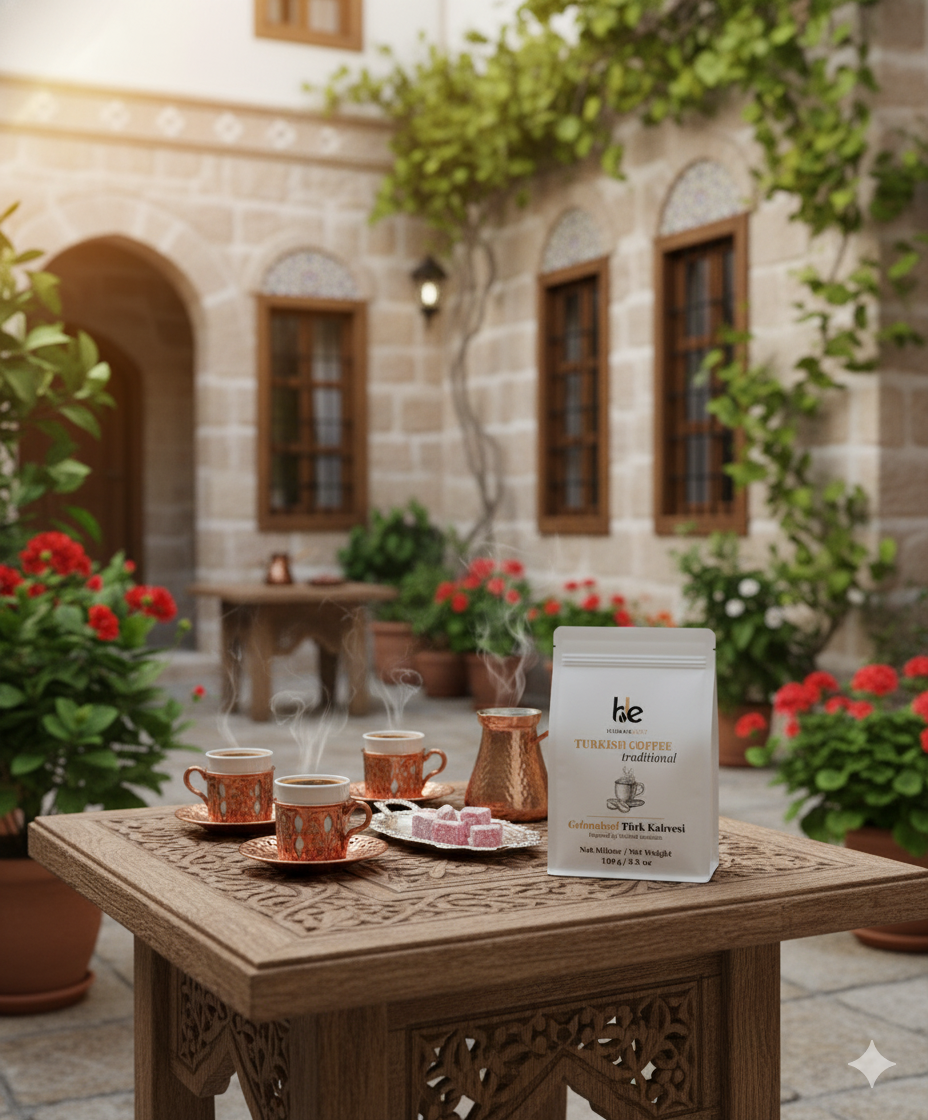 Taş avluda cezve, lokum ve fincanlarla sunulan Humaneast Türk Kahvesi. Geleneksel Türk misafirperverliğini ve otantik kahve kültürünü yansıtan sıcak atmosfer.