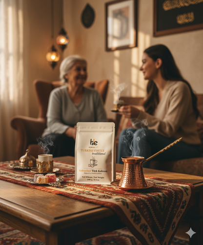 Ev ortamında ninenin ve torunun sohbet ettiği sahnede Humaneast Türk Kahvesi. Cezve, lokum ve fincanlarla paylaşılan samimi bir gelenek ve sıcaklık hissi.
