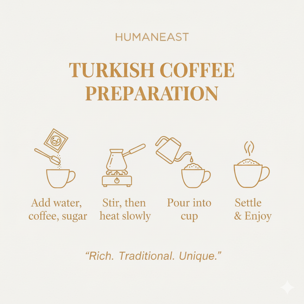 Humaneast Türk Kahvesi hazırlama rehberi. Su, kahve ve şeker ekleyin; karıştırarak yavaşça ısıtın, fincana dökün ve keyfini çıkarın. Zengin, geleneksel ve benzersiz demleme süreci.